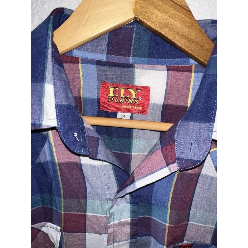 Ely Cattleman Western Blue Plaid Shirt Size Medium Pearl Snap Short Sleeve